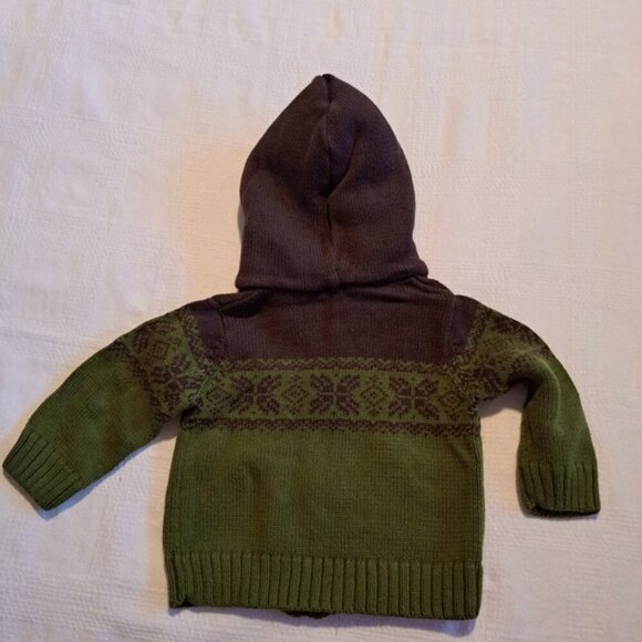 Gymboree boys size 12-18 months green and brown knit sweater fuzzy lined hood - Picture 2 of 3